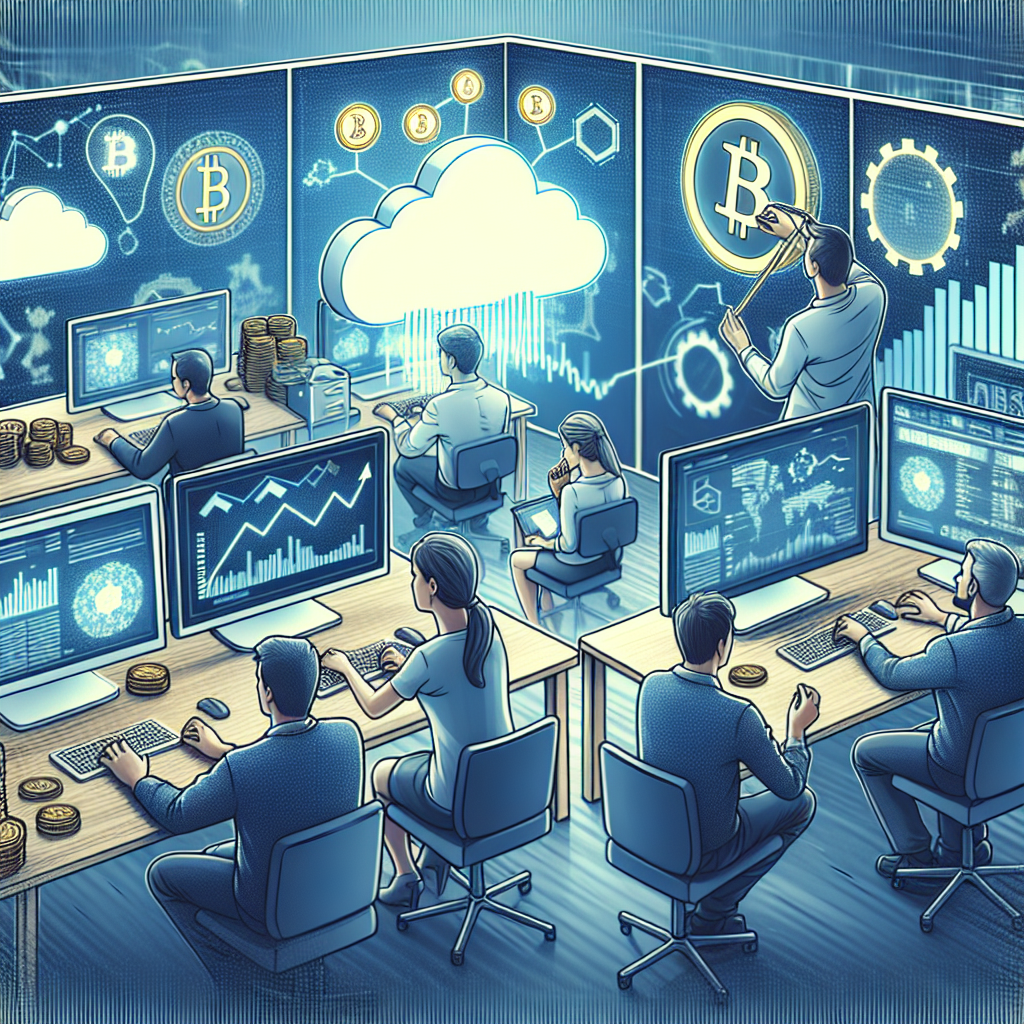 Imagine care prezinta procesul de minare a criptomonedelor, cu oameni europeni care lucreaza la computere, analizand grafice si <a href=
