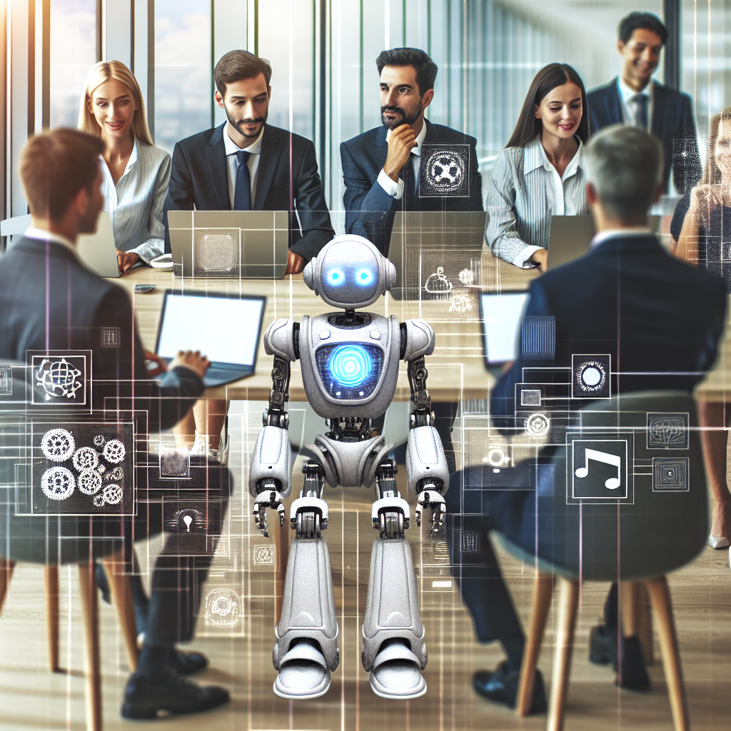 Imagine care ilustreaza un proces de lucru automatizat intr-un birou modern, unde oameni de tip european colaboreaza alaturi de roboti software.