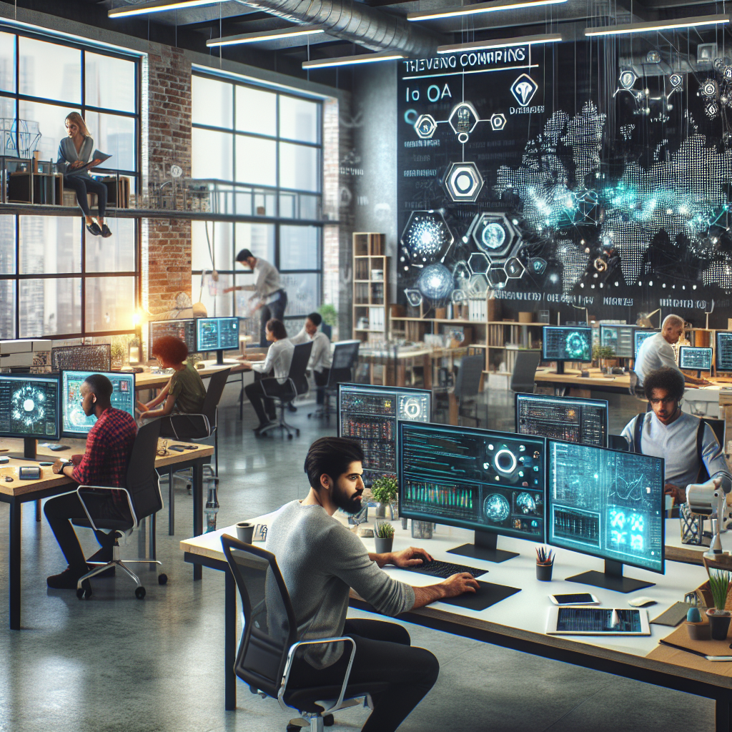 Imagine a unui birou al unei companii IT, plin de dispozitive inteligente, cu angajati profesionisti care lucreaza la proiecte IoT. Toate persoanele au un aspect european.