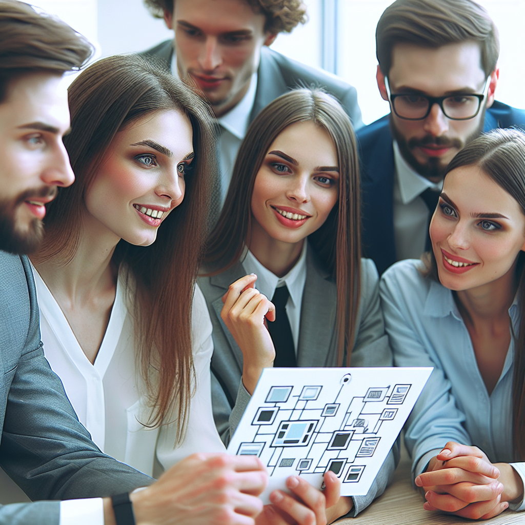 Grup de profesionisti (manageri, programatori) care discuta despre dezvoltarea unei aplicatii IoT intr-un birou. Toate persoanele ar trebui sa aiba un aspect european.