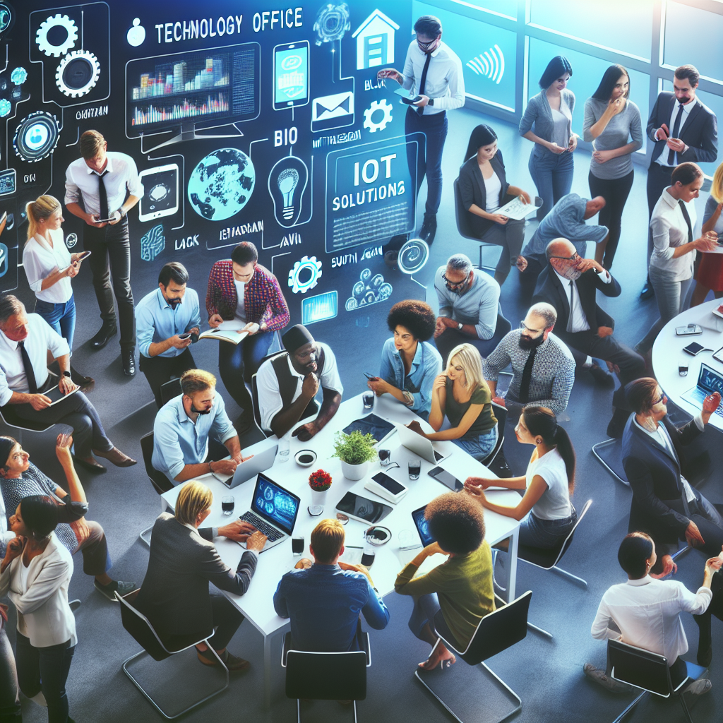 Birou tehnologic modern, unde oamenii discuta despre dezvoltarea solutiilor IoT folosind diverse gadgeturi si tehnologii. Toate persoanele ar trebui sa aiba un aspect european.