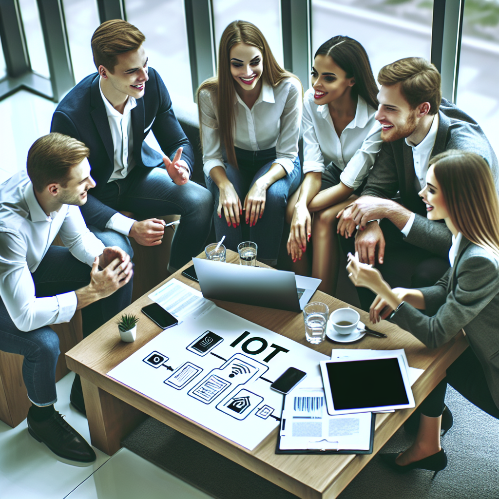Grup de oameni discutand despre un proiect de aplicatie IoT intr-un birou modern. Oamenii sunt de tip european, arata profesional si prietenos, iar langa ei se afla laptopuri si documente.