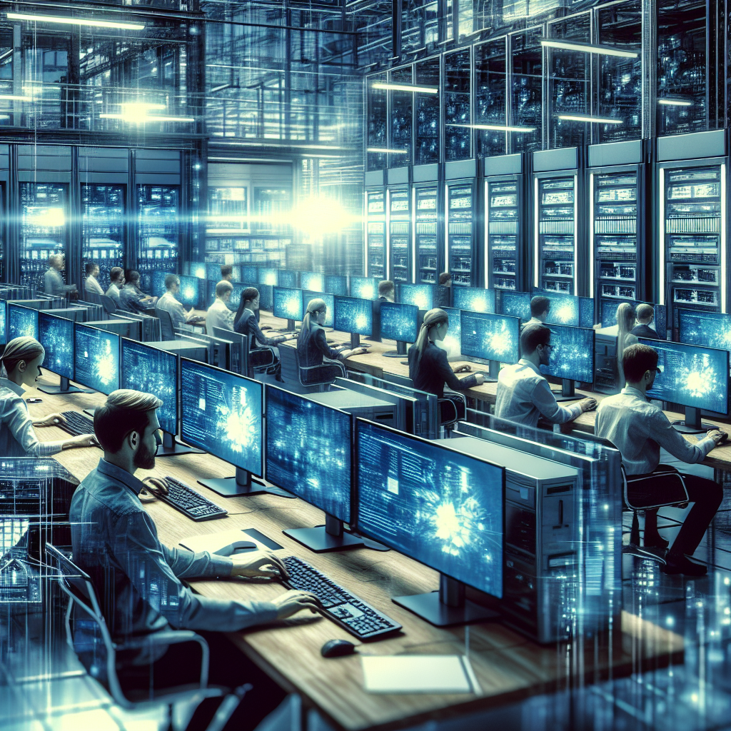 Imagine cu un birou IT eficient, unde specialisti europeni lucreaza la mese de computere, inconjurati de tehnologii si echipamente moderne.
