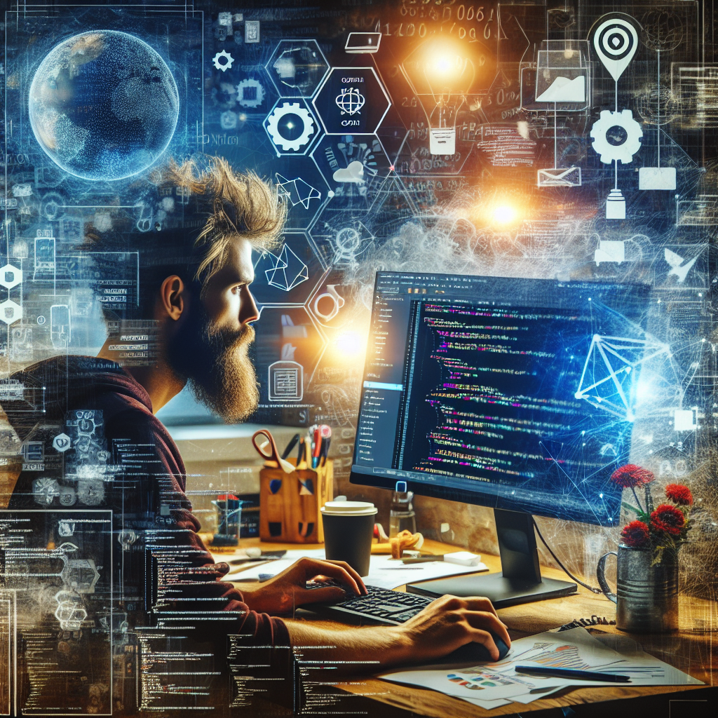 Imagine cu un dezvoltator care lucreaza la un computer, avand cod pe ecran, inconjurat de elemente legate de dezvoltarea mobila si Ionic Framework. Toate persoanele din imagine au trasaturi europene.