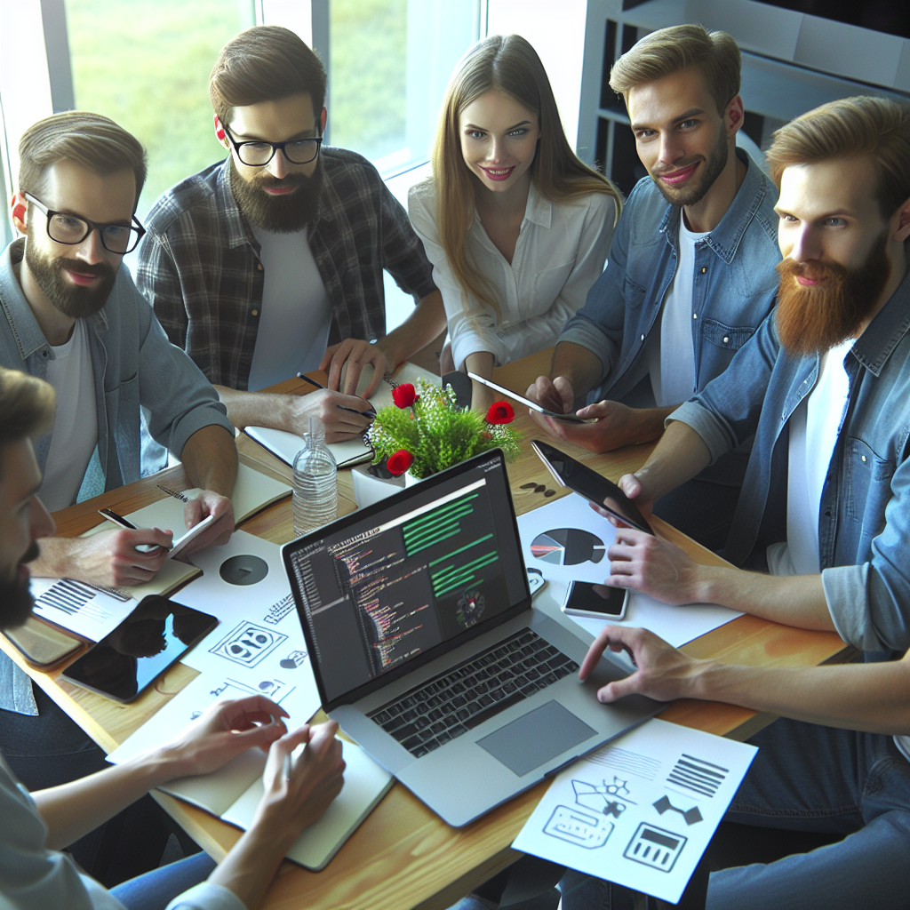 Fotografie a unei echipe de dezvoltatori de aplicatii mobile, formata din diversi specialisti: project manager, designer, dezvoltator, tester si specialist in marketing, care lucreaza la un proiect intr-un birou confortabil. Toate persoanele sunt de tip european, intr-o atmosfera de lucru.