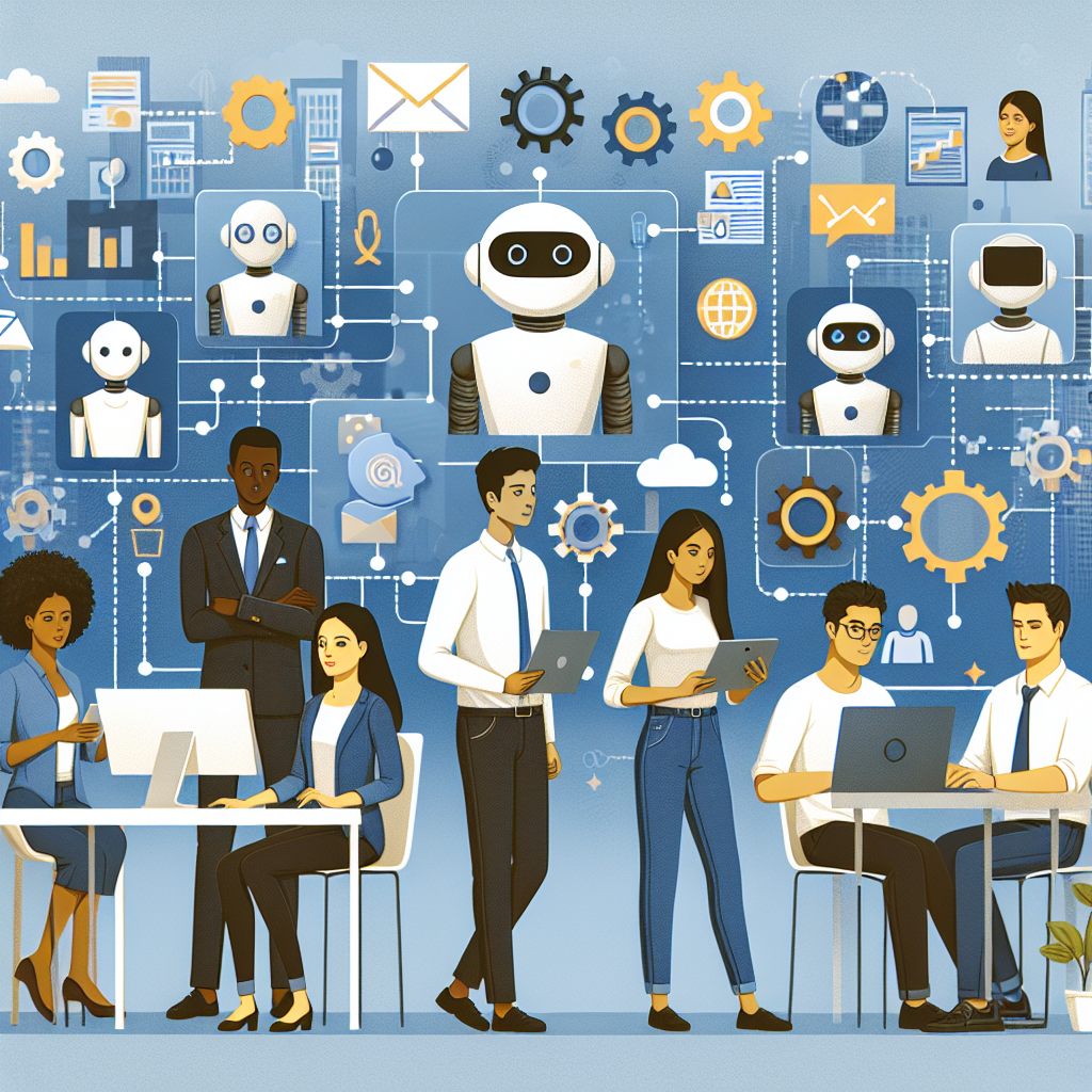 Ilustrare a diferitelor companii care implementeaza RPA, cu procese de lucru in fundal, demonstrand automatizarea si colaborarea angajatilor, toate persoanele avand un aspect european.