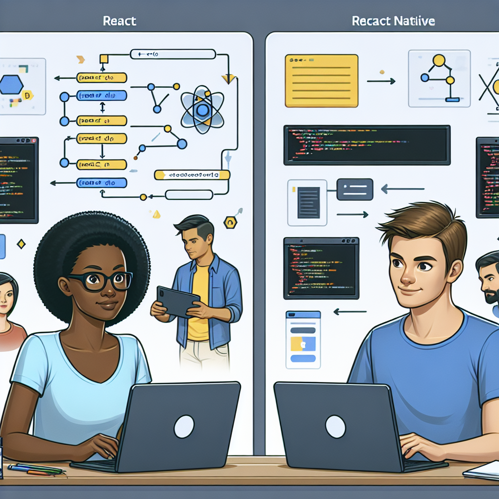 Imaginati o ilustratie care evidentieaza diferentele dintre React si React Native, punand accent pe aplicarea lor in dezvoltare. Toate elementele trebuie sa arate realist, ca o fotografie.