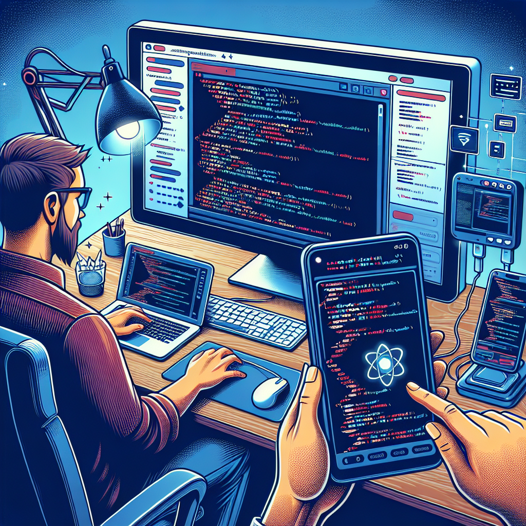 Imaginea ilustreaza procesul de lucru cu React Native, unde un dezvoltator de cod la computer creeaza o aplicatie cross-platform, iar rezultatul muncii se reflecta pe ecranul unui smartphone si pe cel al unui tablet, toate personajele avand un aspect european.