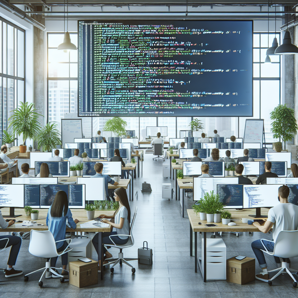 Imaginea ilustreaza procesul de dezvoltare folosind limbajul de programare Go lang, cu cod sursa afisat pe ecranul unui computer, in timp ce <a href=