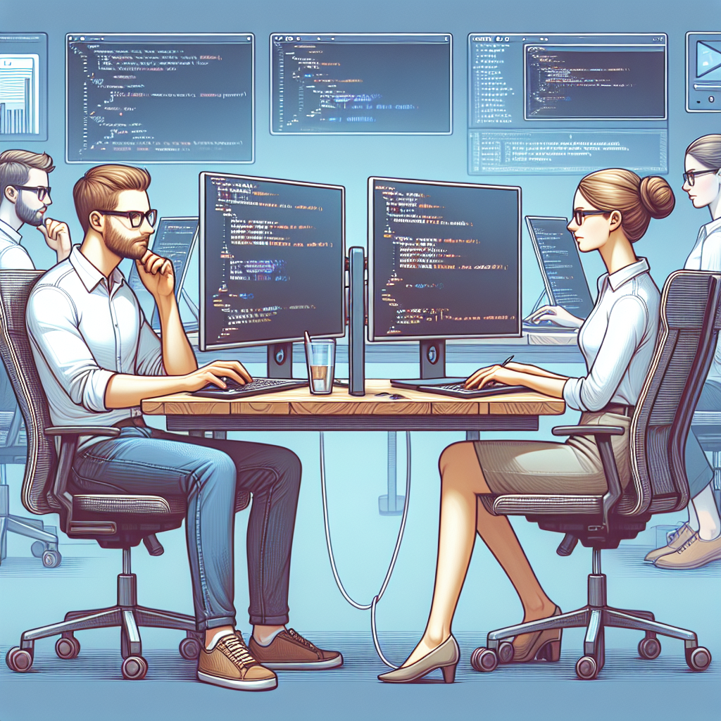 Imagine care ilustreaza un scenariu de dezvoltare a aplicatiilor cross-platform folosind Kotlin Multiplatform intr-o atmosfera de birou, cu un ecran de computer, cu persoane de tip european.