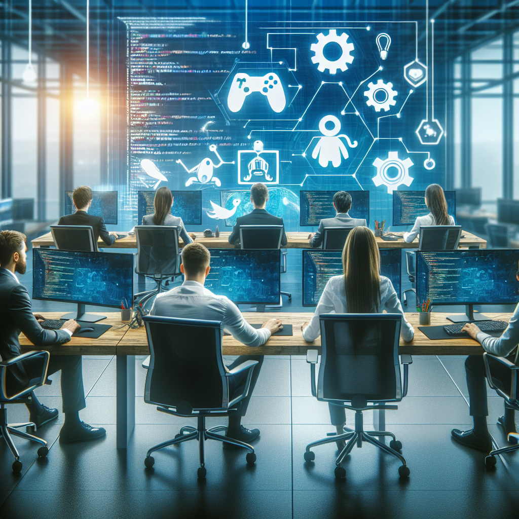 Imagine care reflecta procesul de dezvoltare a jocurilor, incluzand o echipa de profesionisti care lucreaza la calculatoare si elemente de programare, cu o atmosfera asemanatoare unei game.