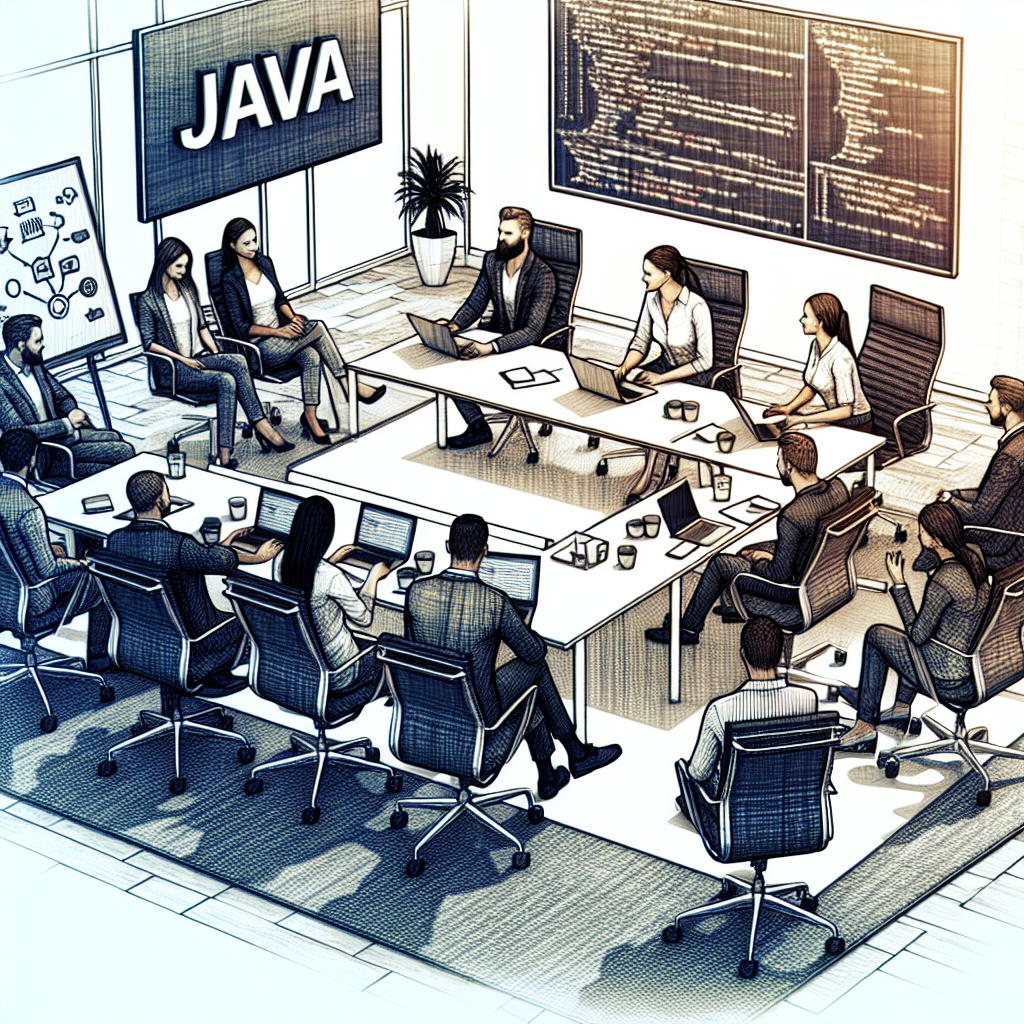 O echipa de foto-companie care discuta la birou despre un proiect de aplicatie web in Java. Toate persoanele sunt de tip european, iar biroul are un aspect modern si confortabil.