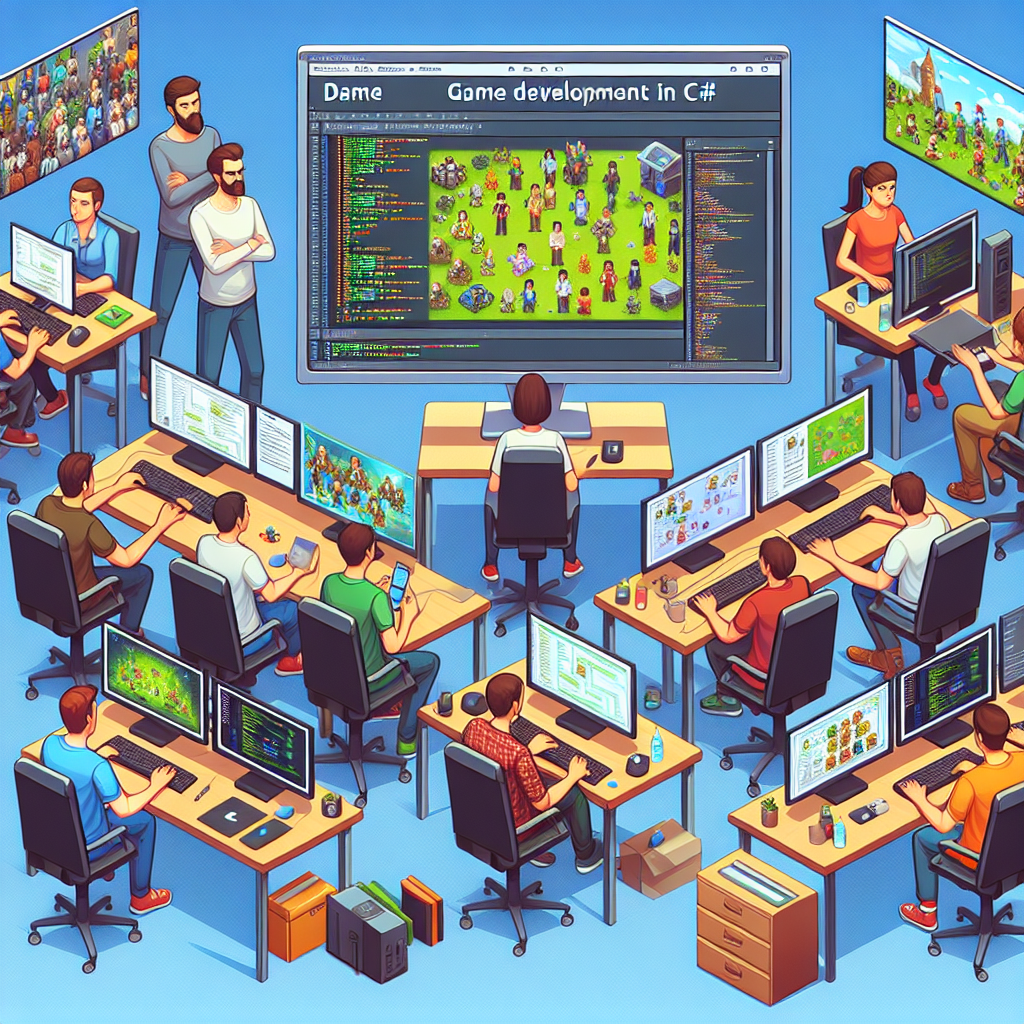 Иллюстрация процесса разработки игр на C#, с детальными сценами программистов за компьютерами с игровыми экранами, все люди европейского типа, выполнено в стиле фотографии.