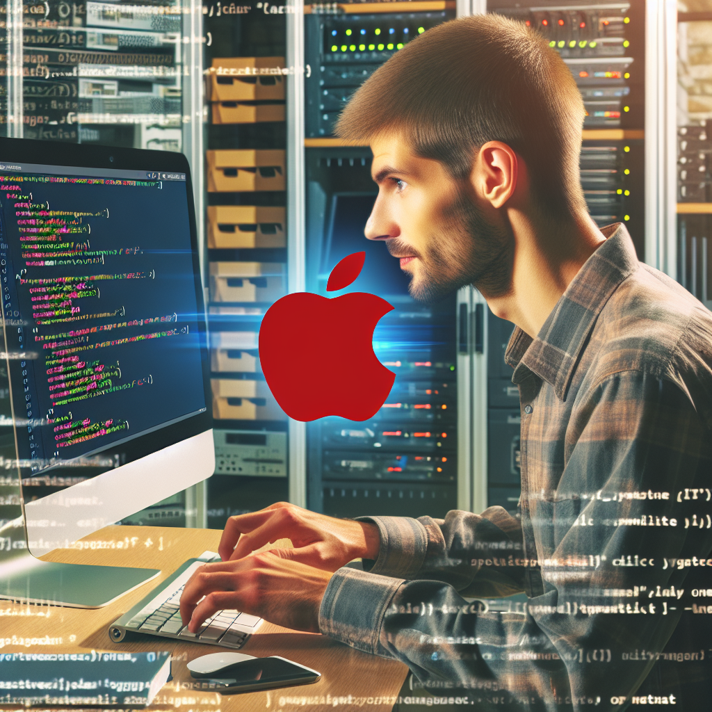 Programatorul lucreaza entuziast la computer, scriind in limbajul Swift, cu un aspect european. Pe ecran se poate vedea cod Swift si logotipul Apple, intr-un birou modern cu elemente IT.