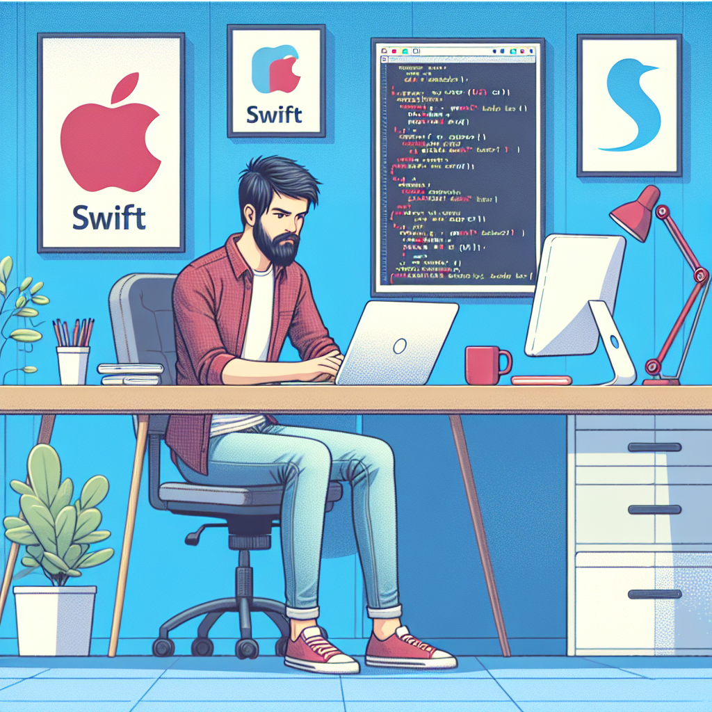Programatorul e asezat la birou, evaluand codul in limbajul Swift pe laptopul sau, avand un aspect european. Mediul inconjurator reflecta un birou modern cu elemente IT, inclusiv postere cu logo-urile unor aplicatii cunoscute scrise in Swift.