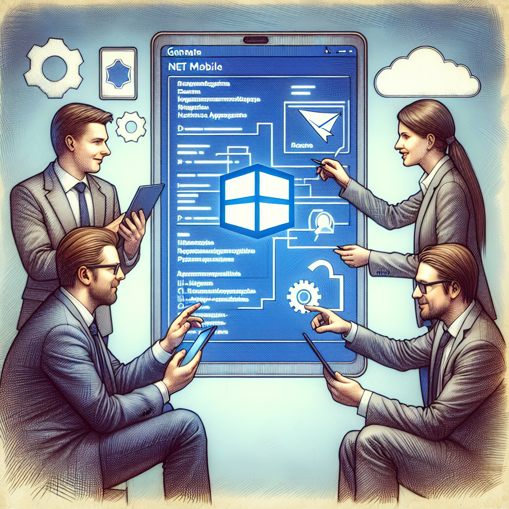 Мобильное приложение на платформе .NET, демонстрируемое на современных устройствах с европейскими пользователями, которые взаимодействуют с приложением и обсуждают его функциональность.