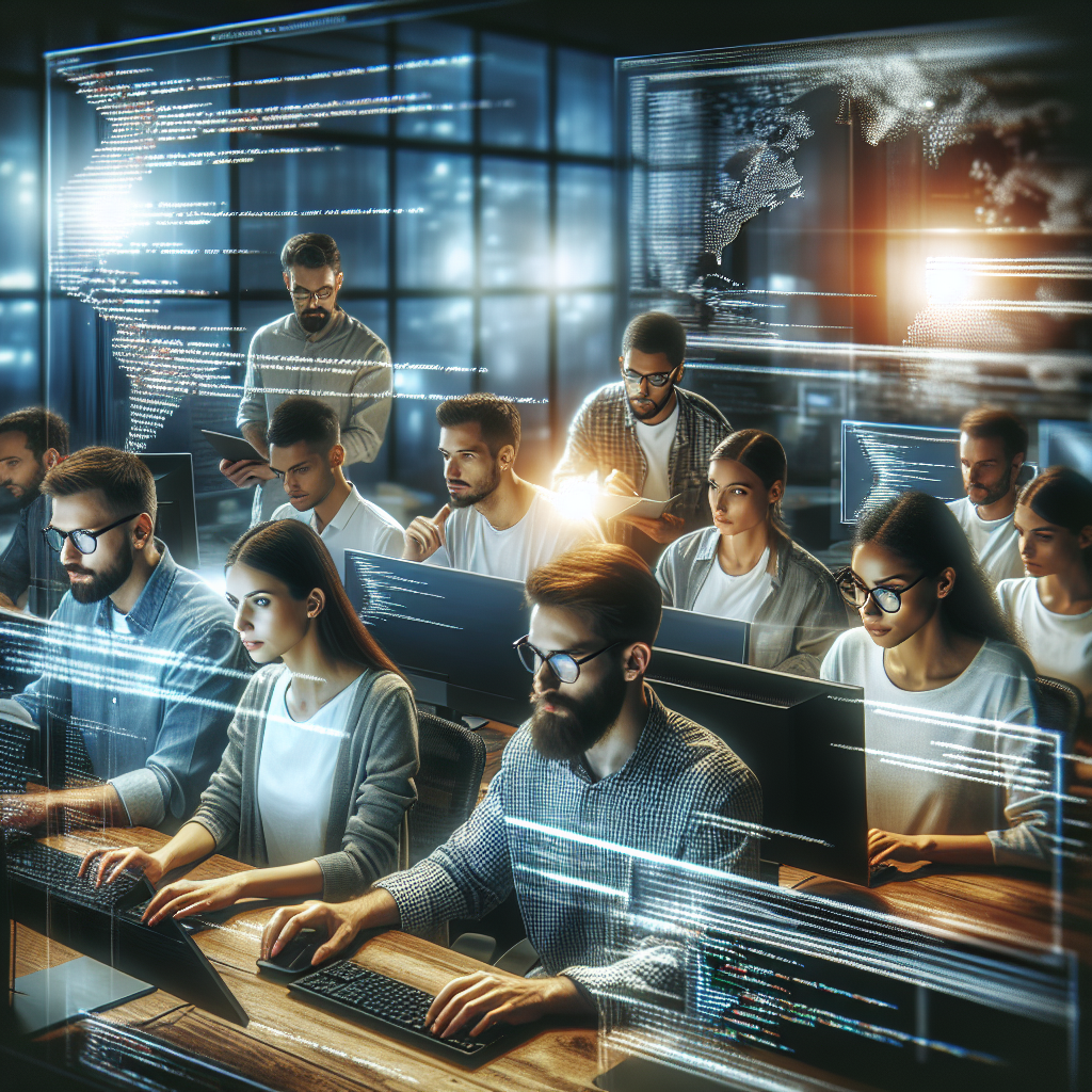 Процесс разработки приложения .NET, где профессионалы европейского типа работают за компьютерами и обсуждают ход работы.