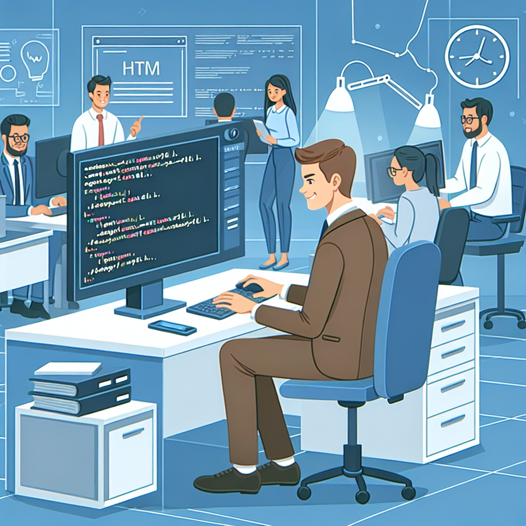 Imagine cu un dezvoltator web lucrand cu HTML pe ecranul unui computer in birou, inconjurat de <a href=