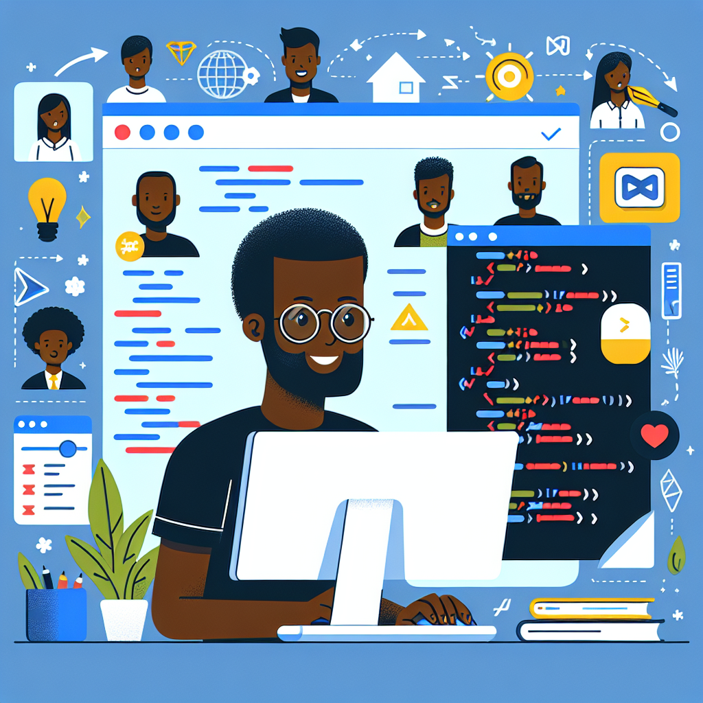 Imagine cu un dezvoltator care lucreaza la un computer cu cod HTML5, demonstrand diverse functii suspendate in aer, precum videoclipuri, animatii si grafice. Toate persoanele sunt de tip european.
