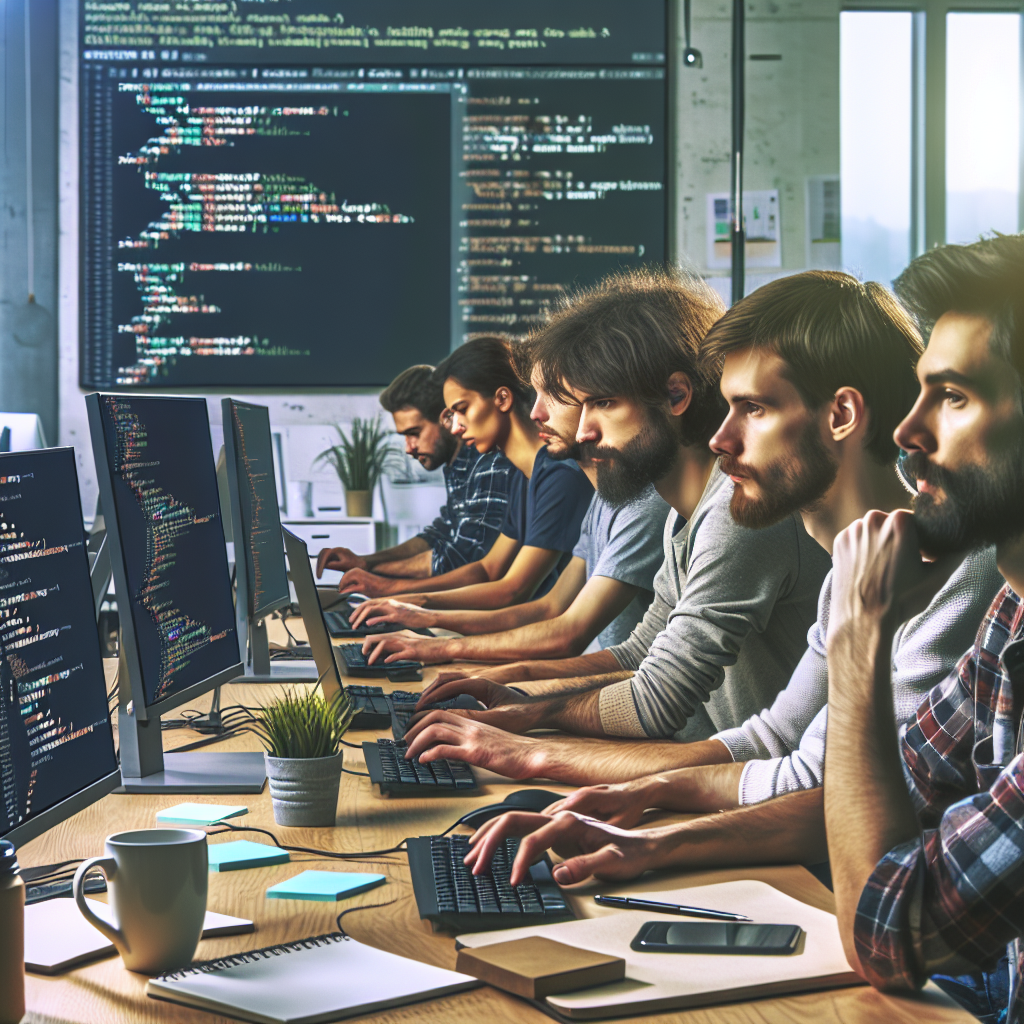 Изображение программистов европейского типа, работающих над разработкой игр на языке <a href=