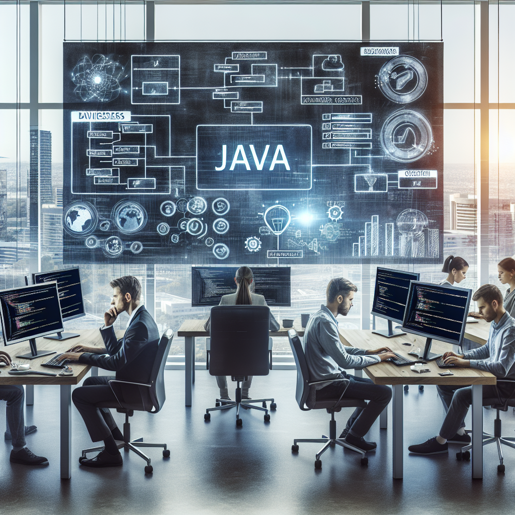 Динамические бизнес-процессы с использованием приложений на Java, где европейские разработчики работают на компьютерах в современном офисе.
