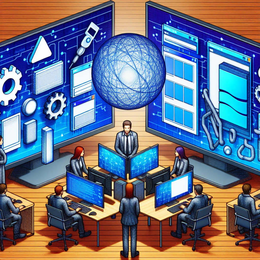 Imagine care arata doua computere, unul cu .NET Framework, celalalt cu .NET, cu o vizualizare clara a diferentei dintre ele. Persoanele din imagine au aspect european.