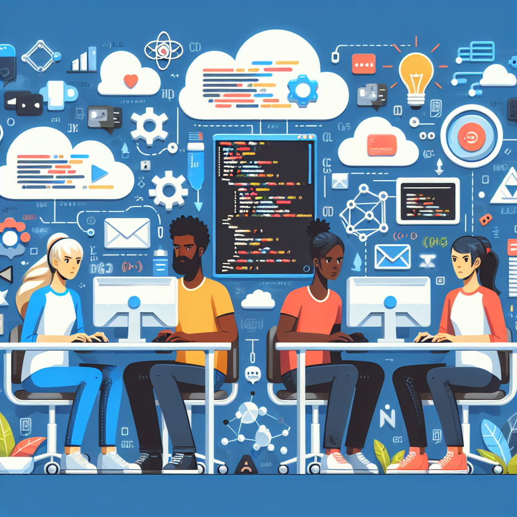 Imagine care arata procesul de dezvoltare a jocurilor pe HTML5: pe imagine sunt programatori la calculatoare, muncind la crearea jocurilor, cu nori de cod si grafica in jurul lor, cu elemente care demonstreaza cross-platforma jocurilor.