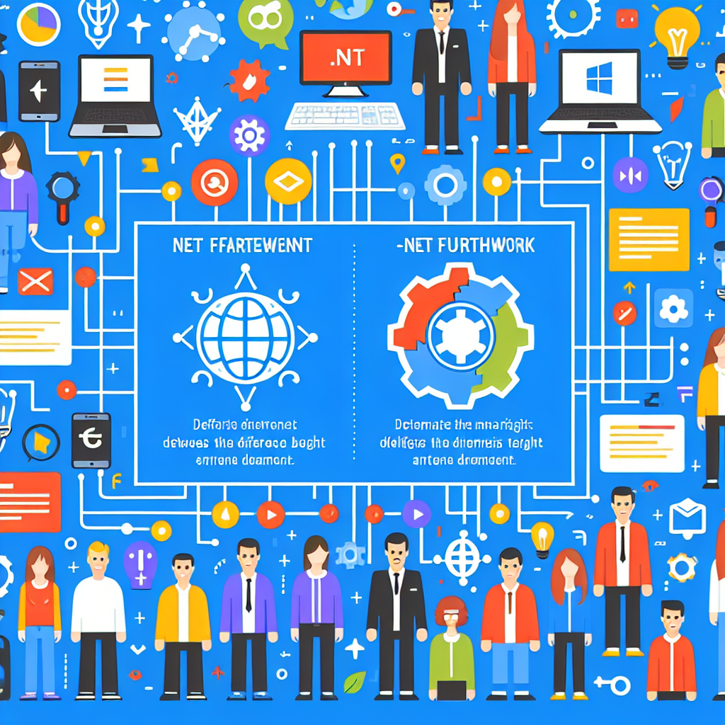 Infografic care arata diferentele dintre .NET si .NET Framework, cu enumerarea principalelor avantaje ale fiecarei tehnologii. Persoanele din imagine au aspect european.
