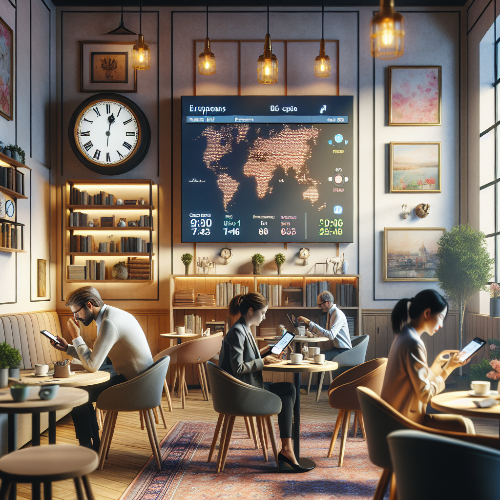 Imagine cu europeni lucrand cu aplicatii financiare pe dispozitivele lor mobile intr-un café confortabil. Imaginea ar trebui sa arate ca o fotografie reala, nu ca un desen.