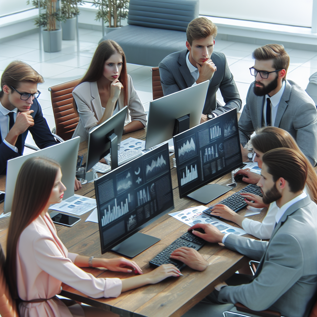 Imaginea unei echipe care analizeaza strategiile de concurenta pe ecranele computerelor si discuta despre concluziile lor intr-un mediu de birou confortabil. Toti angajatii arata ca europeni si sunt imbracati in stil de afaceri.