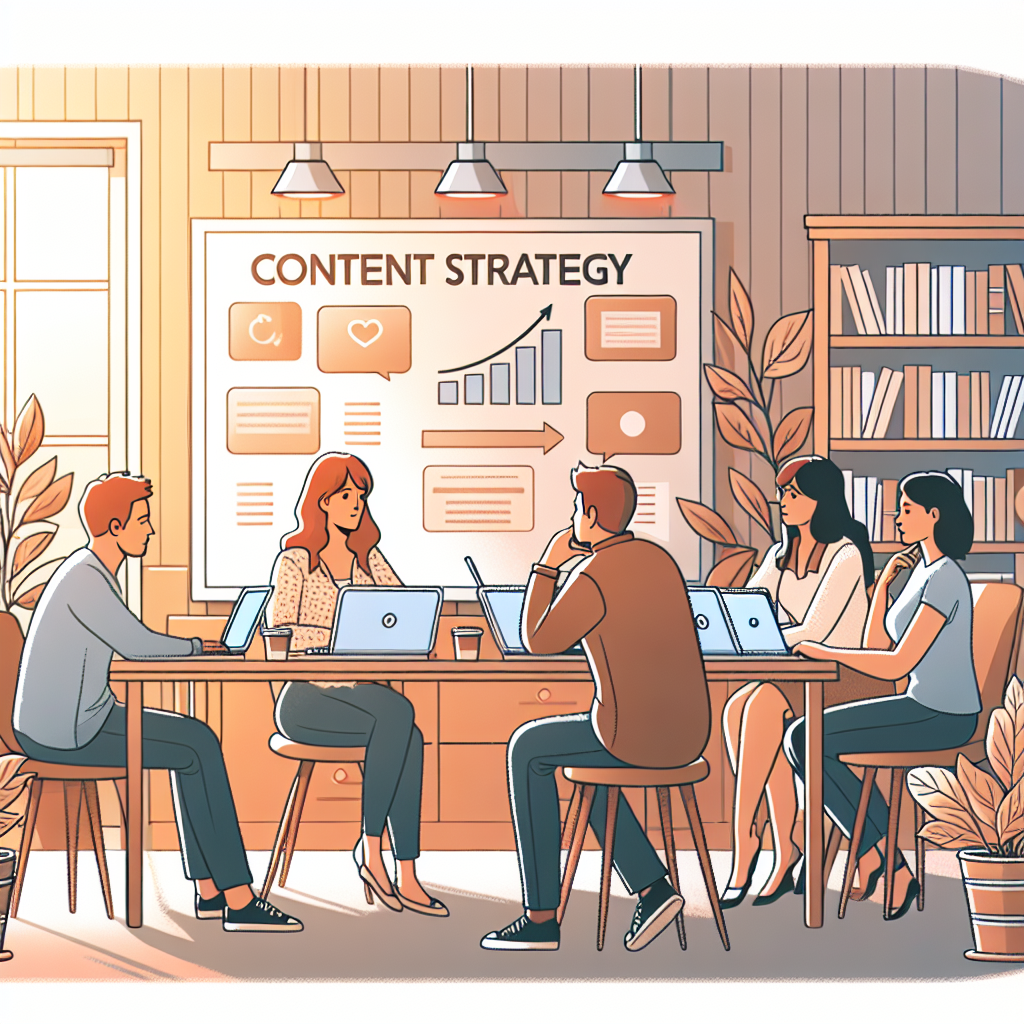 Grupa de oameni europeni care discuta despre planurile de dezvoltare a unei strategii de continut, asezati intr-un birou confortabil cu laptopuri pe masa.