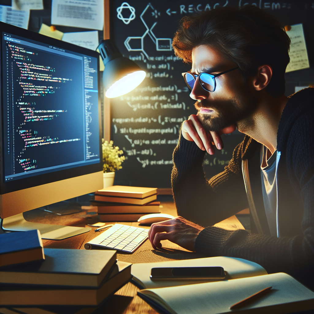 Imagine care ilustreaza un dezvoltator lucrand cu React pe ecranul computerului, inconjurat de notite si carti. Toti oamenii au infatisare europeana, iar atmosfera este creativa si productiva.