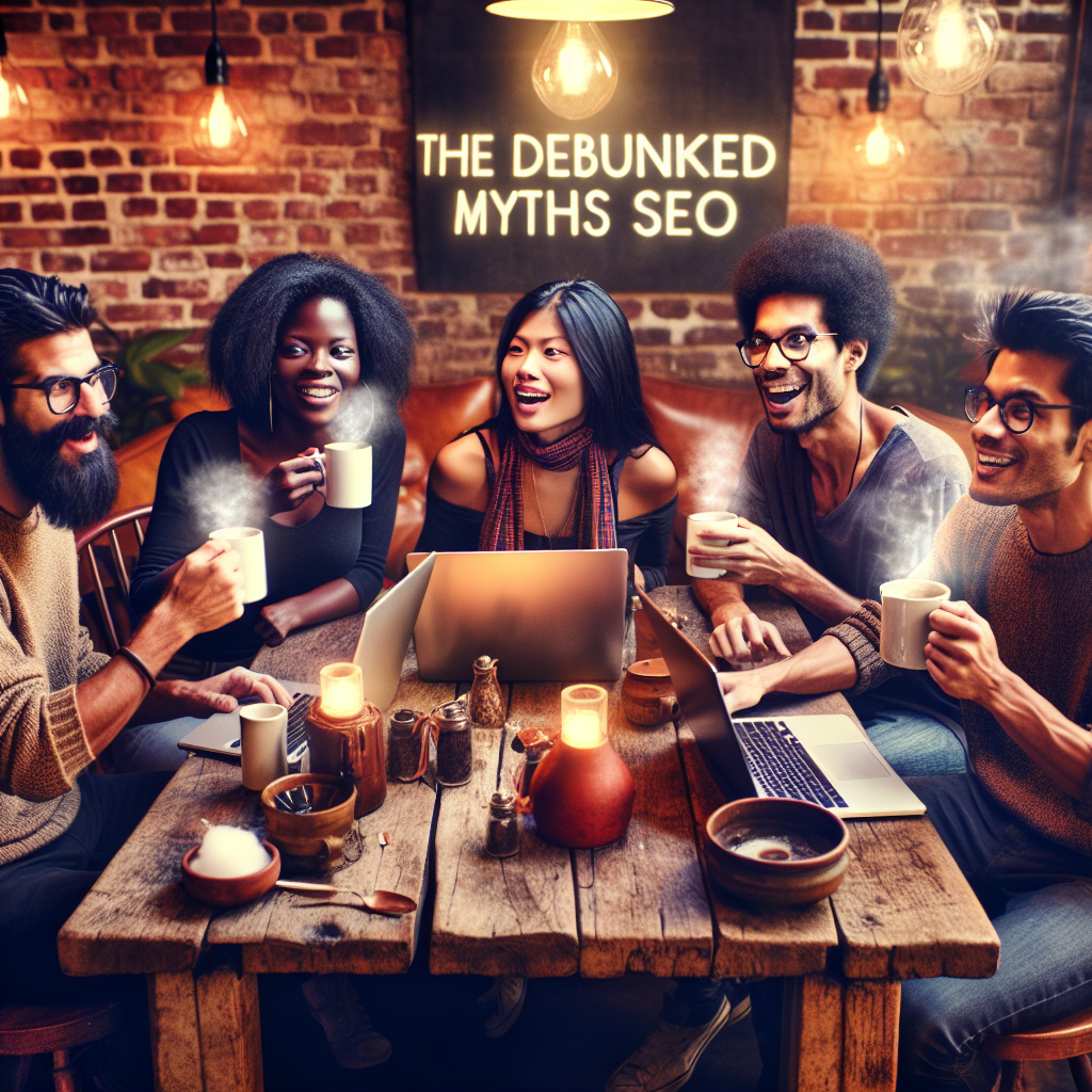 Imagine cu oameni care discuta despre mituri legate de SEO pe internet, intr-o atmosfera de umor, intr-un cafea confortabil cu ceaiuri si laptopuri.