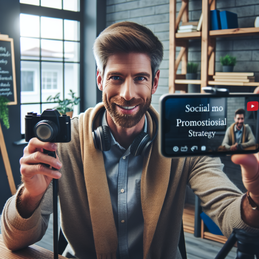 Imagine cu un antreprenor european care inregistreaza un video despre strategia de promovare pentru retelele sociale, folosind un smartphone modern intr-un birou confortabil, astfel incat imaginea sa arate ca o fotografie.