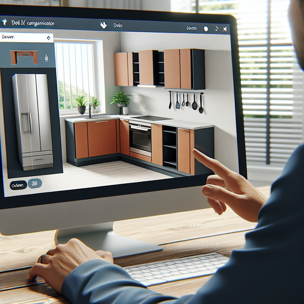 Интерактивный 3D конфигуратор на экране компьютера, клиент настраивает кухонную мебель, все люди с европейской внешностью.