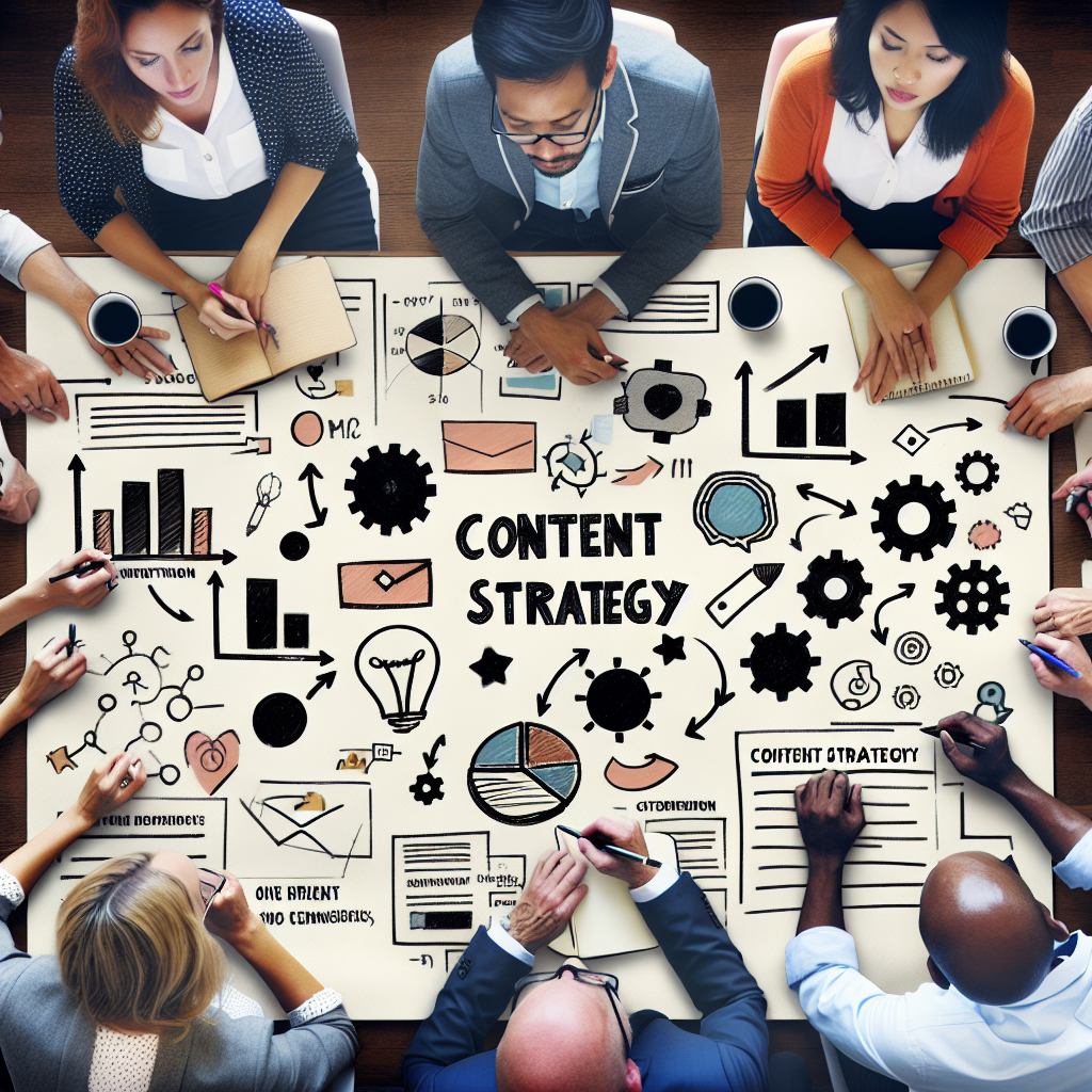 Un grup de specialisti discuta idei creative pentru strategia de continut, inconjurati de note si grafice, intr-o atmosfera inspiranta si creativa.