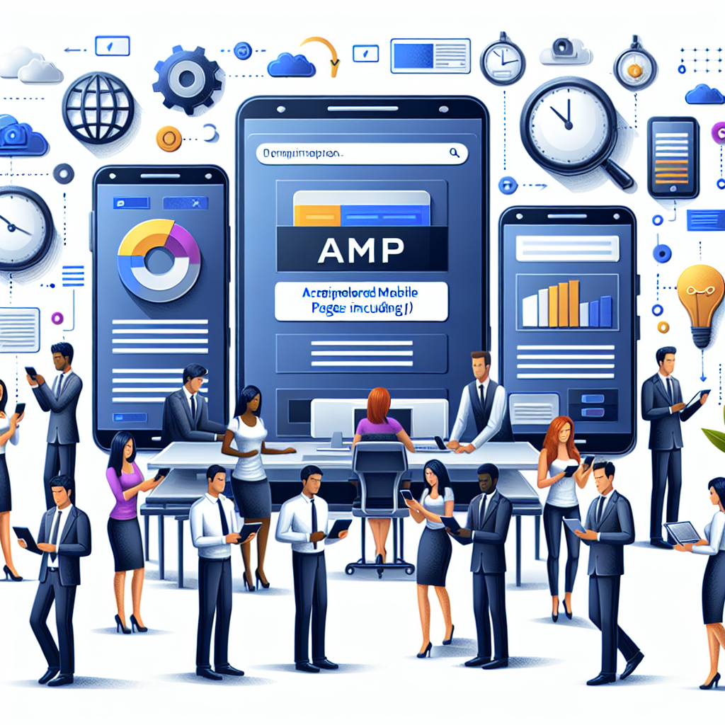 Изображение процесса оптимизации сайта с элементами AMP, на фоне которого изображены мобильные устройства и люди европейского типа.