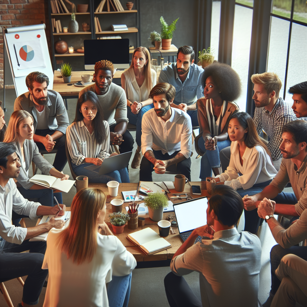 Grup de marketologi discutand despre abordari moderne in strategia de continut intr-un birou confortabil. Toti oamenii ar trebui sa aiba un aspect european.