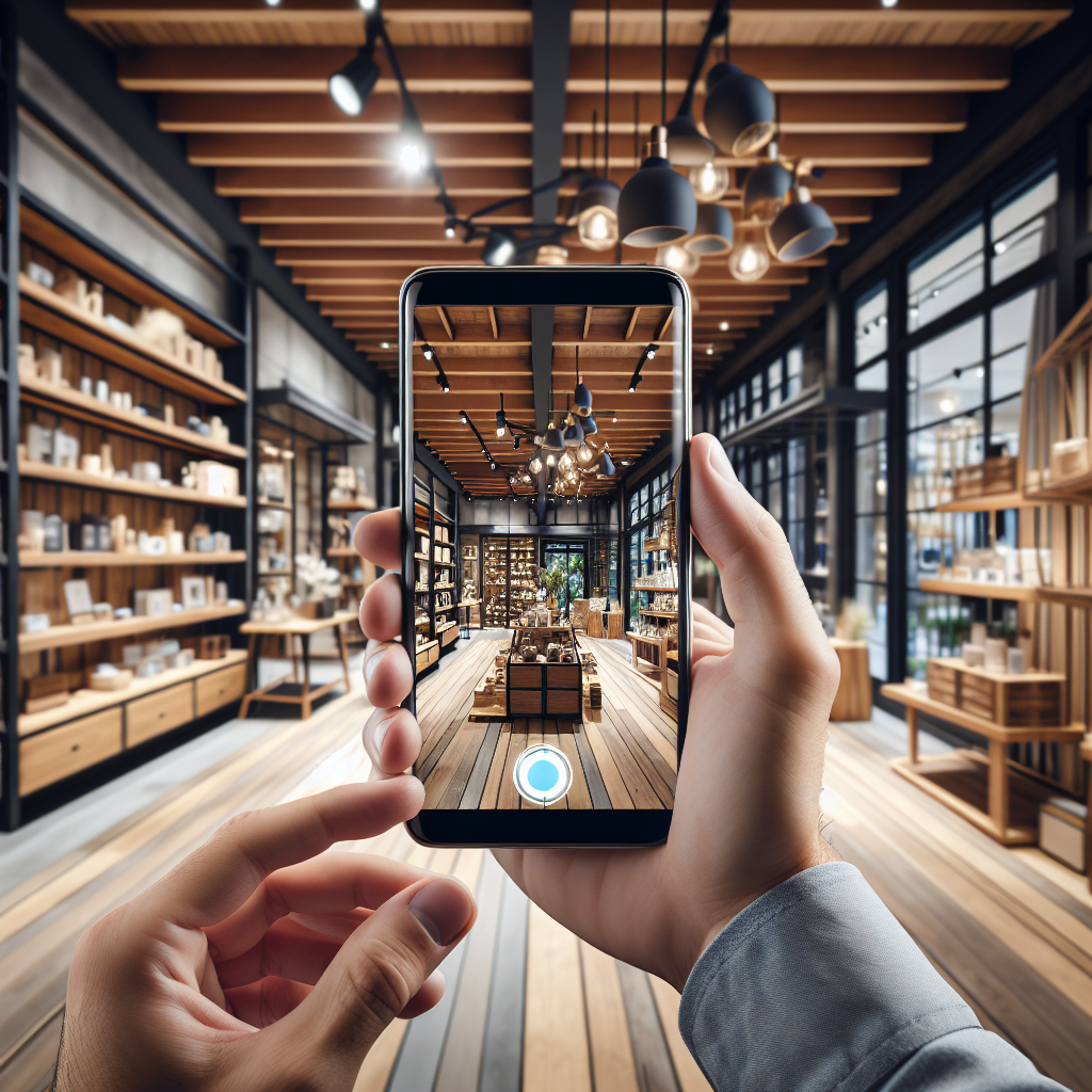 Imagine care arata utilizarea realitatii augmentate in marketing: o persoana foloseste un smartphone pentru a vizualiza o aplicatie AR care prezinta un produs in spatiul real, intr-un magazin. Toate personajele sunt de tip european, iar atmosfera magazinului este stilata si contemporana.