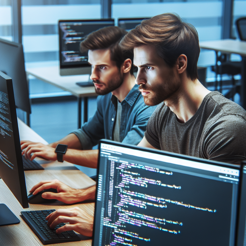 Programator in birou, lucrand la un computer cu cod Ember.js pe ecran. Persoanele au un aspect european si par concentrate si implicate in munca lor.