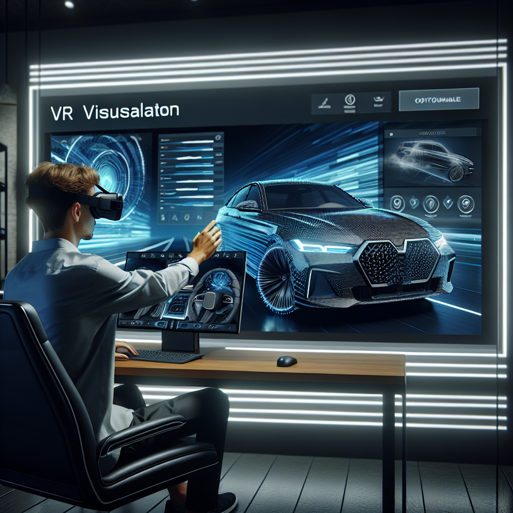 Imagine cu o persoana care interactioneaza cu un configurator VR pentru masini intr-un interior stylish, cu o vizualizare a masinii pe ecran, toti oamenii de tip european.