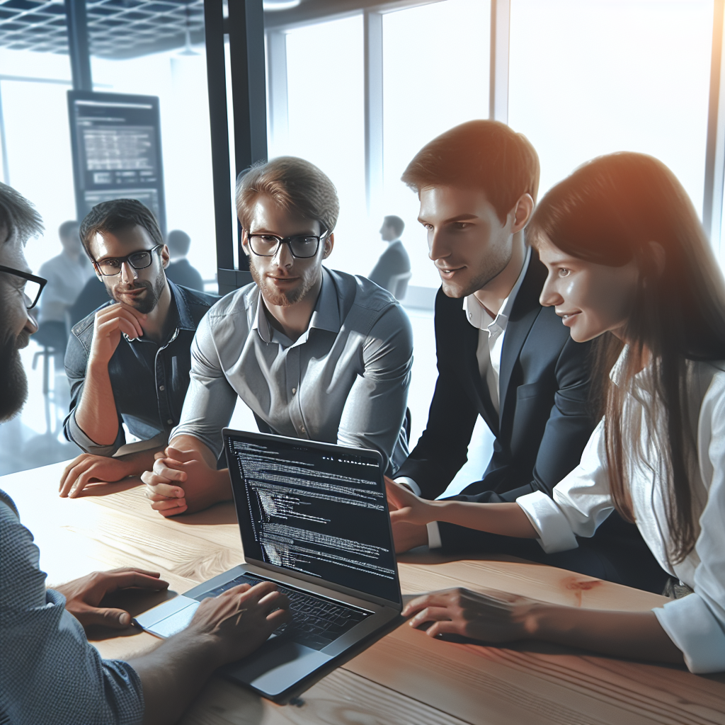Imagine cu un developer profesionist lucrand la laptop, discutand un proiect cu clienti, toti avand aspect european, intr-un birou bine iluminat, aratand ca o fotografie reala.
