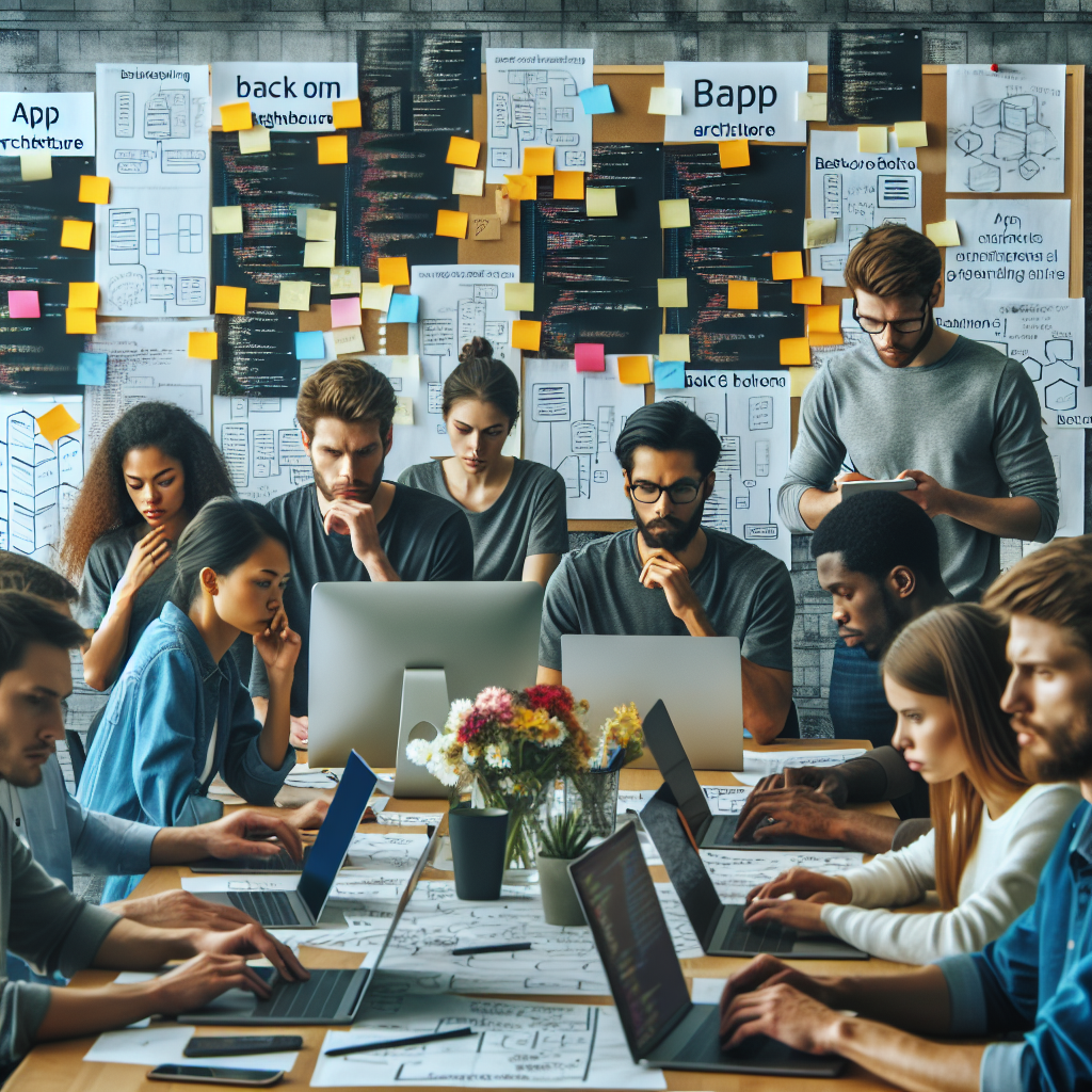 Imaginea arata programatori lucrand in birou, avand schemele arhitecturii aplicatiei bazate pe Backbone.js. Toti oamenii au un aspect european, iar in fundal se poate vedea o tabla cu notite si idei.