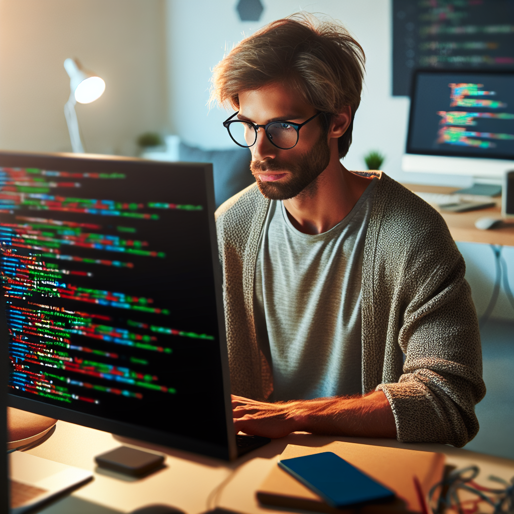 Programator lucrand pe un computer cu cod Preact afisat pe ecran. Toate persoanele au infatisare de tip european.