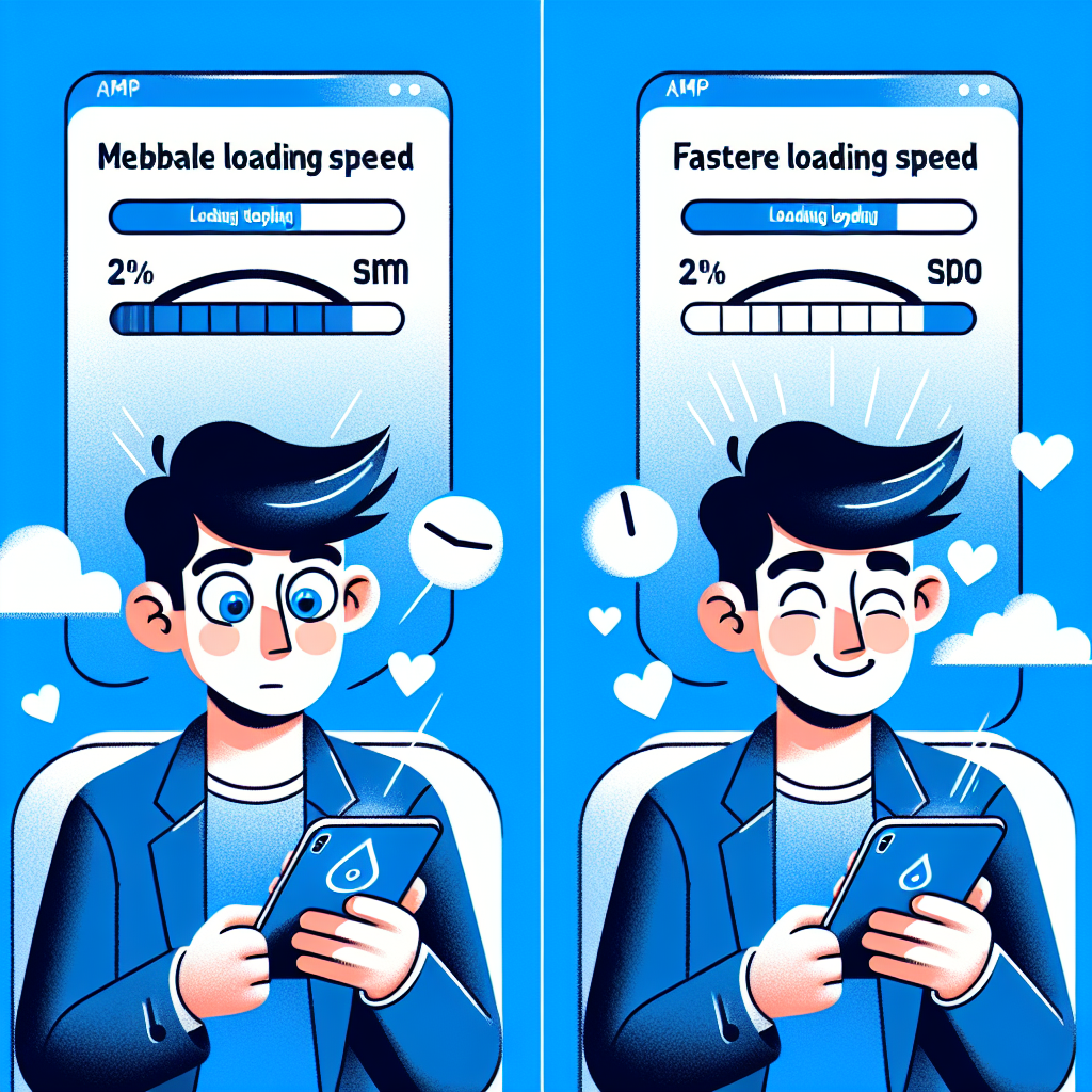 Imagine care arata o comparatie a vitezei de incarcare a paginilor web pe dispozitive mobile, evidentiind timpii de incarcare pentru paginile cu AMP si cele fara AMP. Toti oamenii din imagine au un aspect de tip european.