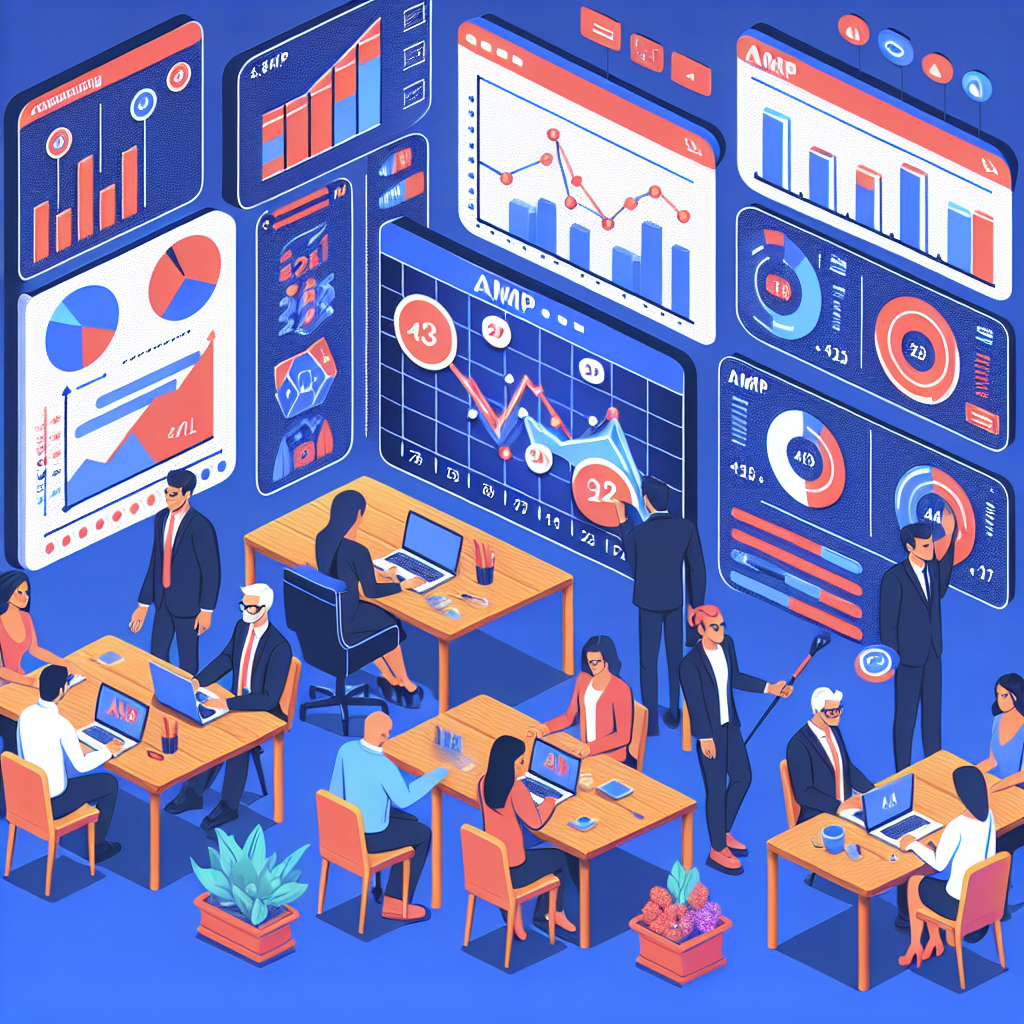 Imagine care ilustreaza impactul AMP asupra marketingului digital, prezentand analize si grafice care compara performanta paginilor cu AMP si cele fara AMP. Toti oamenii din imagine au un aspect de tip european.