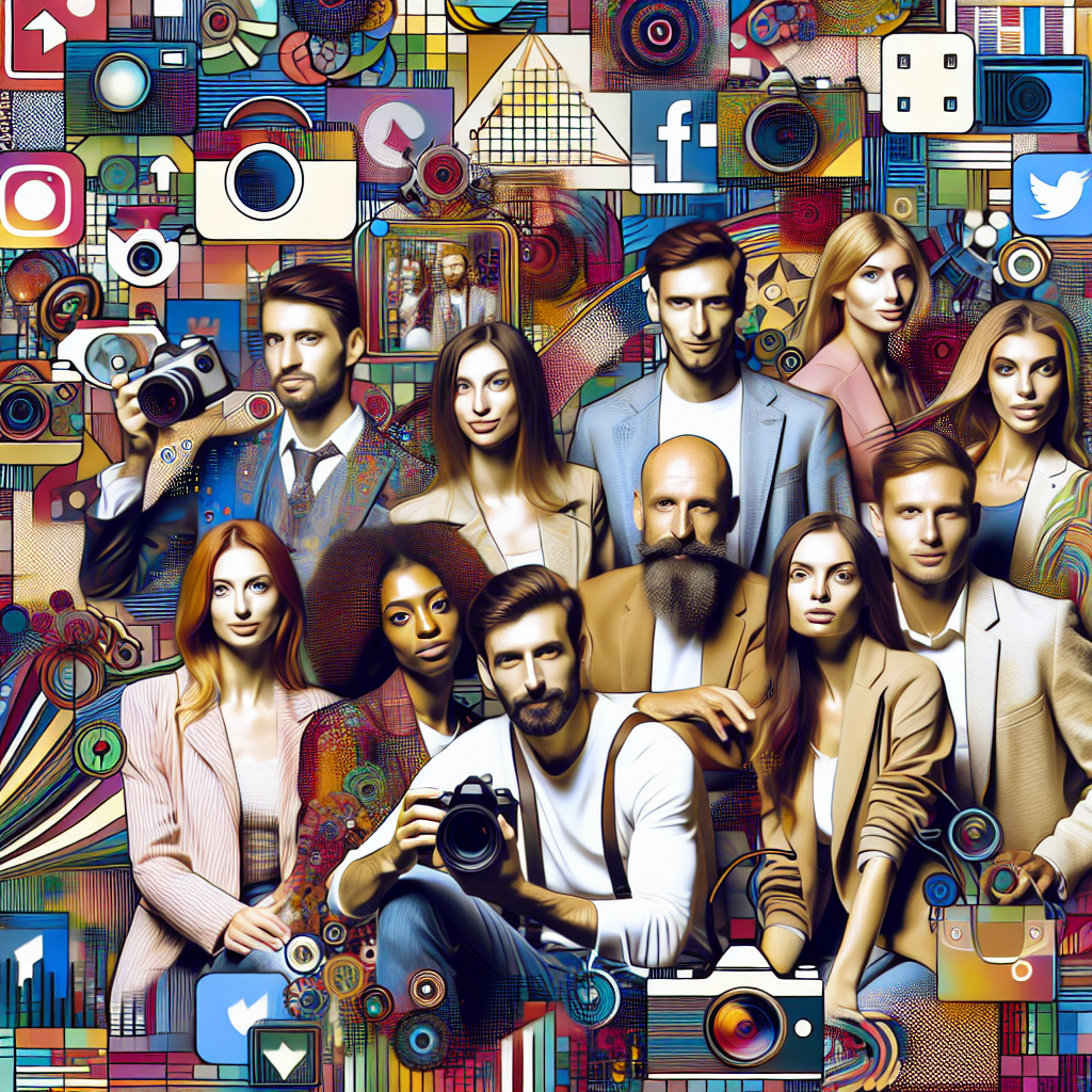 Crearea unei imagini cu un grup de oameni europeni care creeaza continut pentru Instagram, cu culori vii si elemente decorative, astfel incat imaginea sa fie indistinguibila de o fotografie reala.