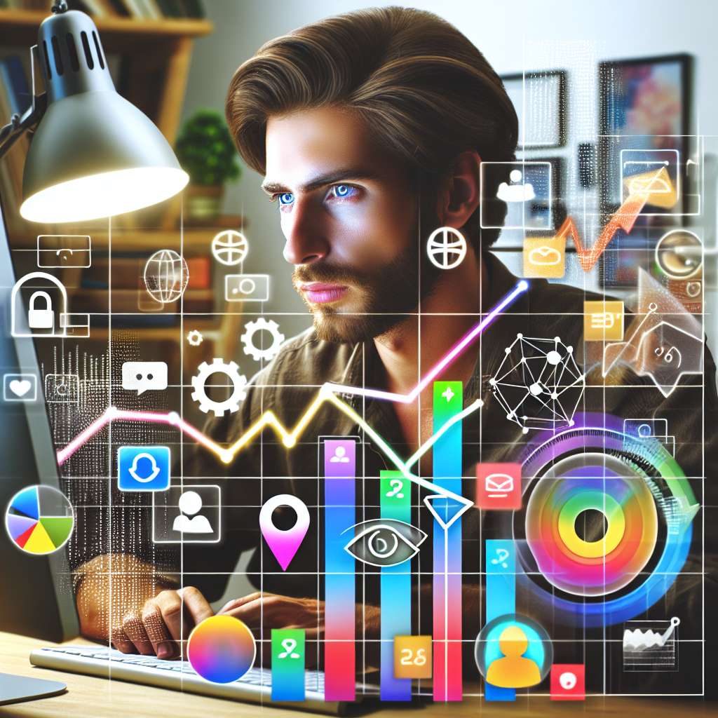 Crearea unei imagini cu grafice si icoane stralucitoare, reflectand statisticile de crestere ale utilizatorilor Instagram, pe fundalul unei persoane care lucreaza la computer. Toate persoanele trebuie sa aiba trasaturi europene.