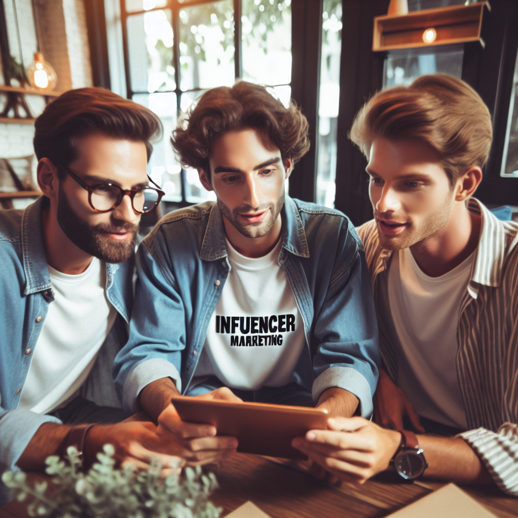 Imagine cu un grup de tineri europeni care colaboreaza intr-un birou confortabil, discutand idei de marketing de influenta si utilizand tehnologii pentru a comunica cu influencerii.