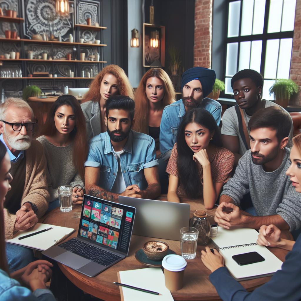 Imagine cu un grup de bloggeri europeni discutand despre publicitate cu branduri intr-un café confortabil. Toata lumea pare interesata si dedicata muncii lor.